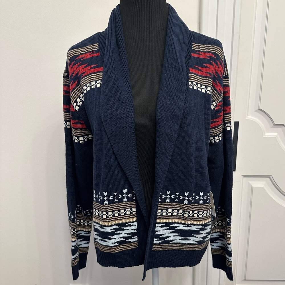 Lucky Brand Shawl Collar Open Cardigan Sweater Fair Isle Nordic Print NEW